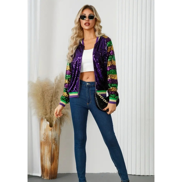 Mardi Gras Sequin Purple Bomber Jacket with Purple, Green, Gold Striped Sleeves - Picture 4 of 8
